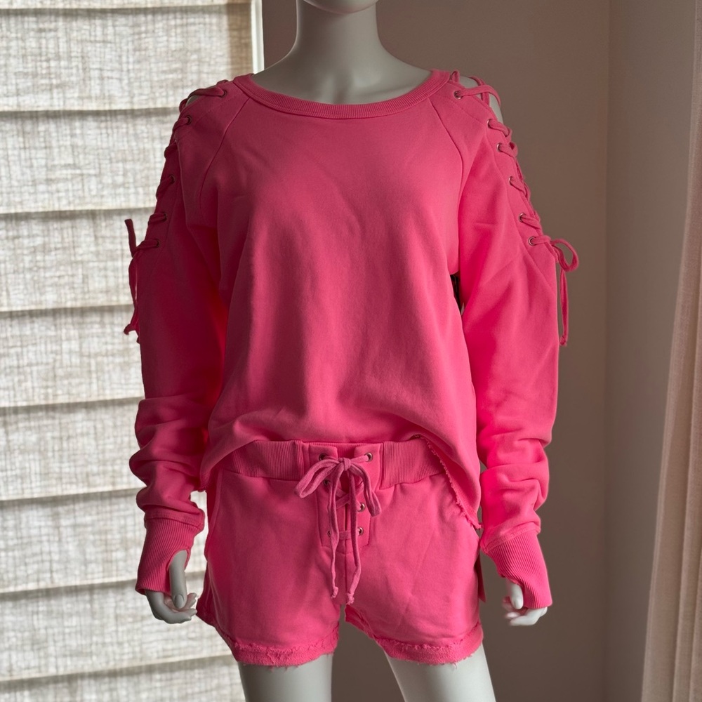 NWT Tyler Jacobs For Feel The Piece Neon Pink Sweatshirt and Short Set XS/S